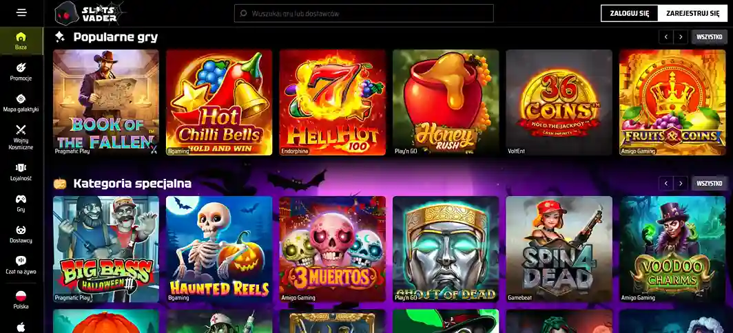 Strona główna kasyna online Slots Vader z popularnymi grami i kategoriami specjalnymi